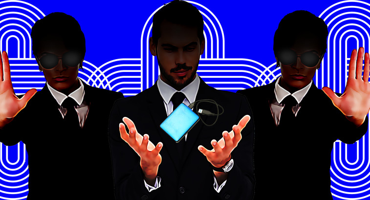 A bodyguard holding a phone between two others halting the viewer