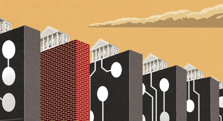 Illustration of a building atop dominos