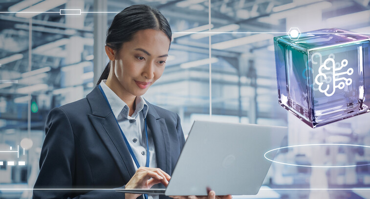 Person using laptop in a data center
