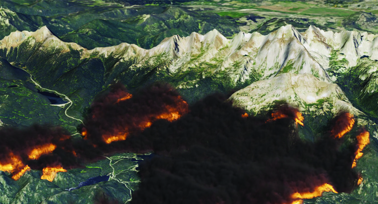 An NVIDIA Omniverse digital twin modeling a wildfire