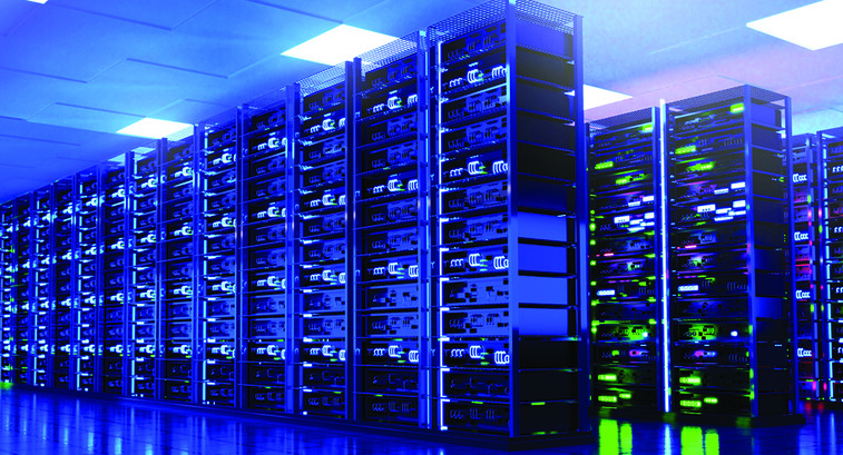 Modern server room interior with super computers and neon lightings