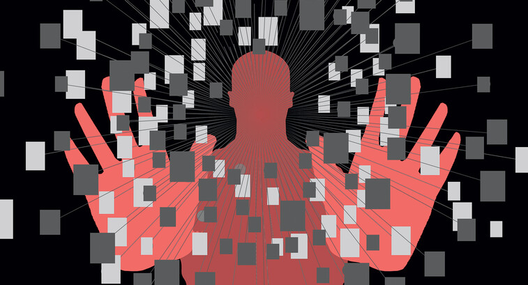 Illustration of red figure surrounded by pixels