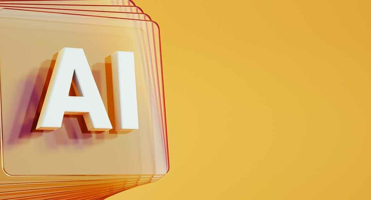 Artificial Intelligence symbol in front of layered and twisted glass squares on orange background