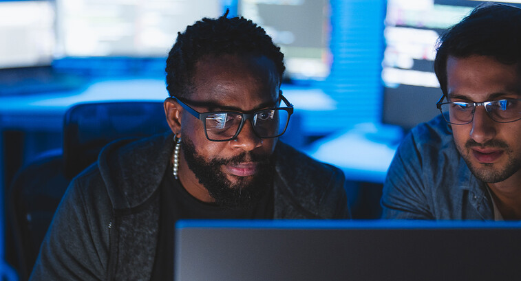 Two men looking at computer screen