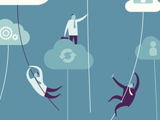 Cloud computing illustration with little men singing from cloud to cloud on ropes