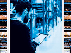 Supply chain and boxes in a warehouse illustration along with a man on a tablet