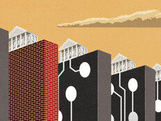 Illustration of a building atop dominos