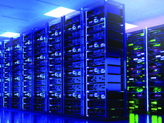 Modern server room interior with super computers and neon lightings