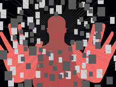 Illustration of red figure surrounded by pixels
