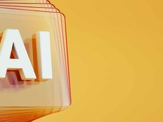 Artificial Intelligence symbol in front of layered and twisted glass squares on orange background