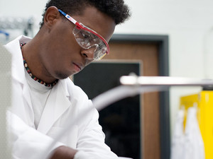 University of Connecticut undergraduate Nico Wright at work in Professor Michael Pettes' mechanical engineering laboratory. 