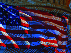 Motherboard with USA flag in the background