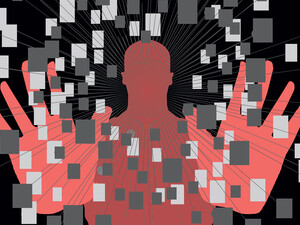 Illustration of red figure surrounded by pixels