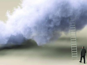 Illustration of person climbing ladder to a cloud