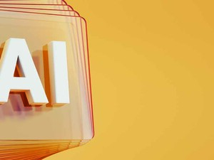 Artificial Intelligence symbol in front of layered and twisted glass squares on orange background