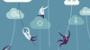 Cloud computing illustration with little men singing from cloud to cloud on ropes