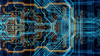 Network conceptual image on a circuit board with blue and orange lines 