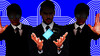 A bodyguard holding a phone between two others halting the viewer