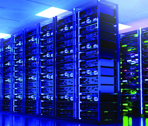 Modern server room interior with super computers and neon lightings