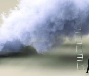 Illustration of person climbing ladder to a cloud